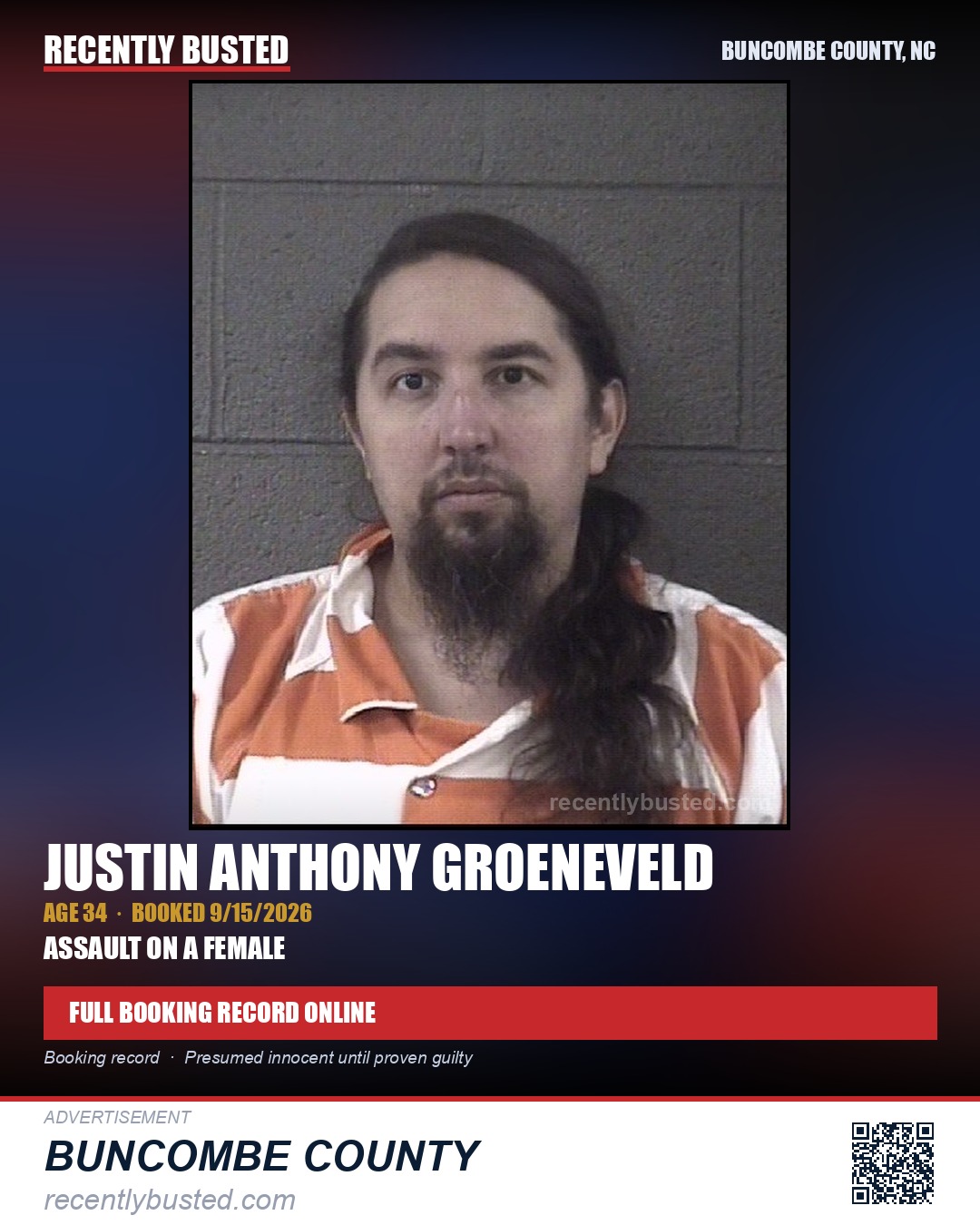 JUSTIN ANTHONY GROENEVELD — arrest record card, Buncombe County, North Carolina
