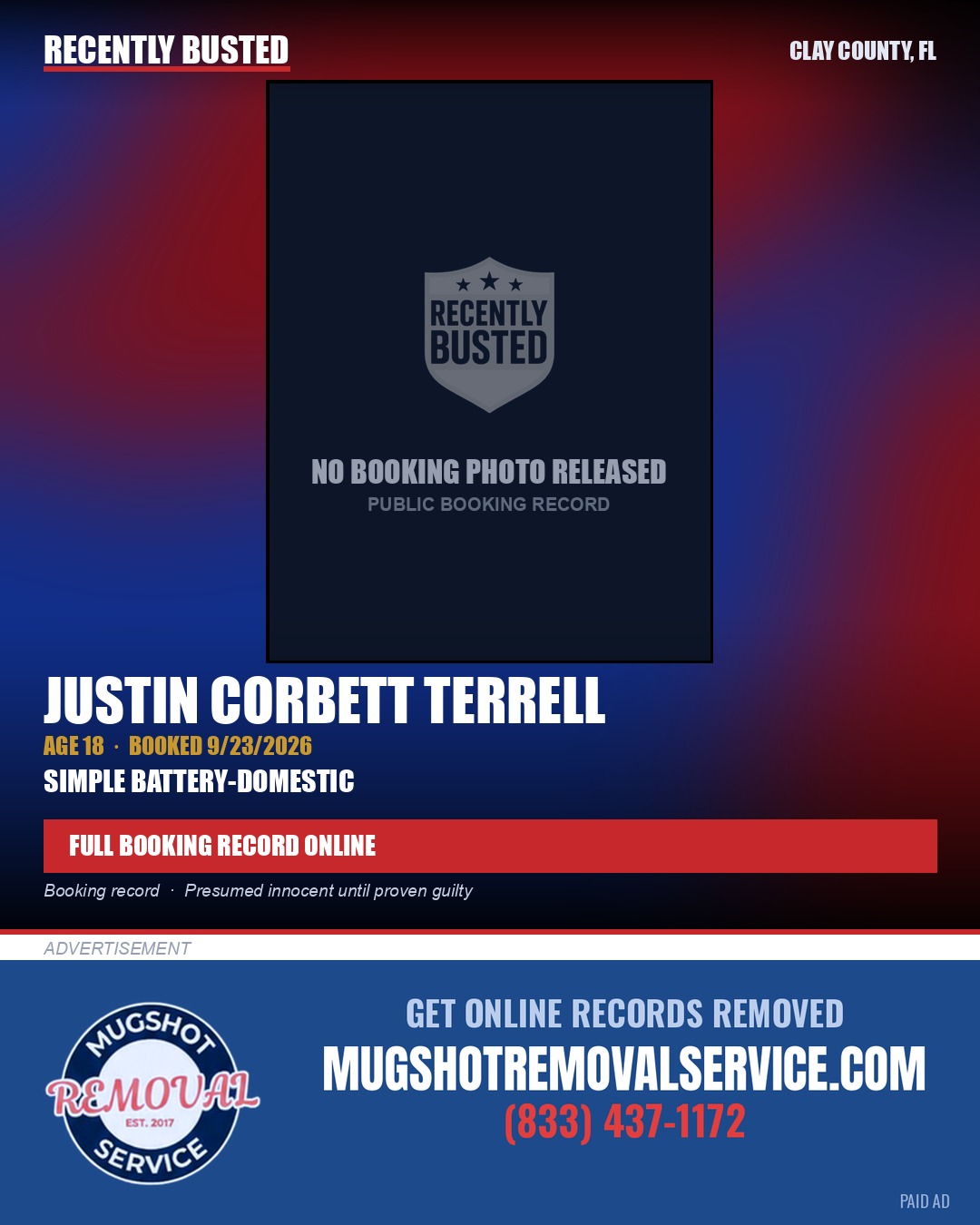 JUSTIN CORBETT TERRELL — arrest record card, Clay County, Florida