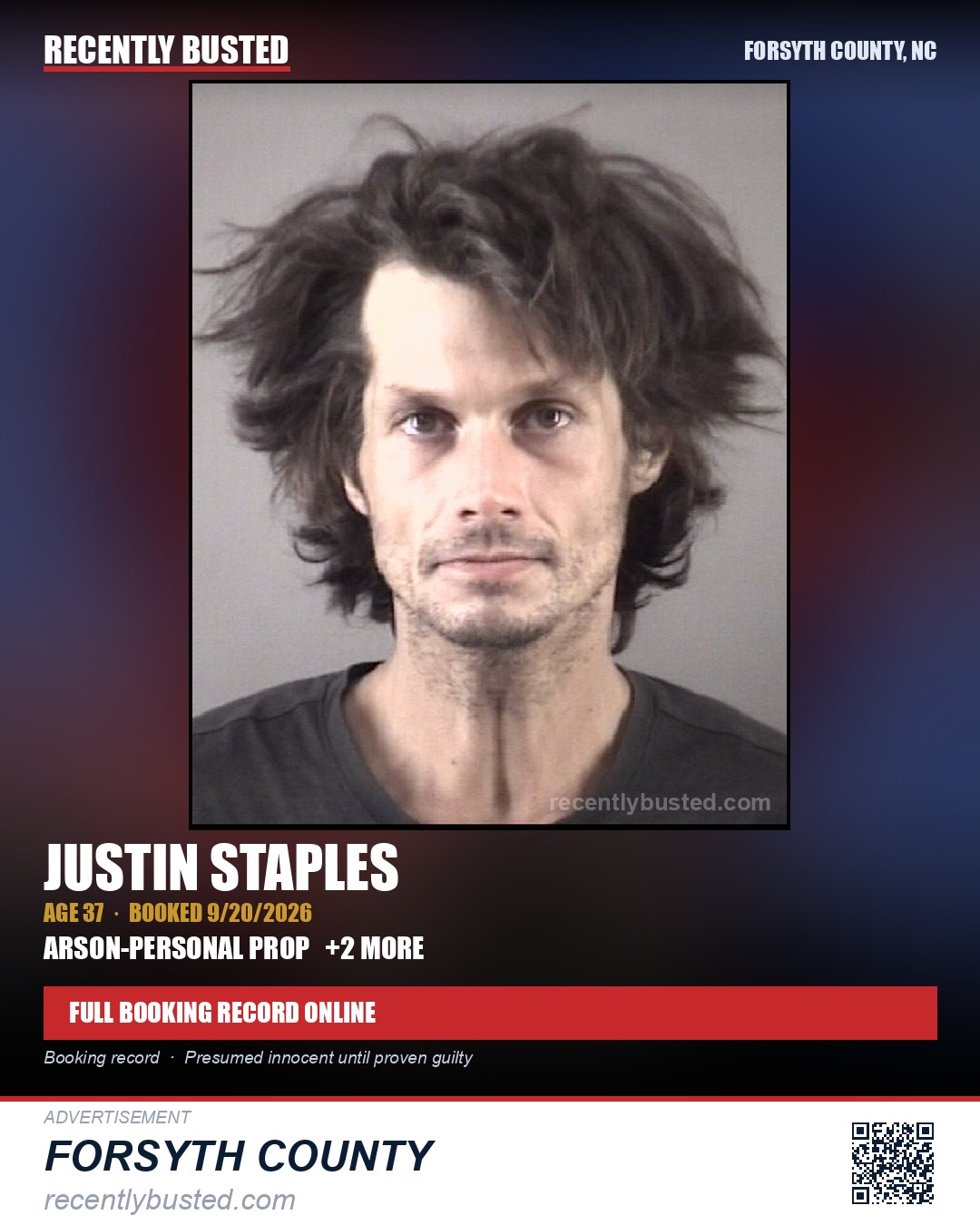 JUSTIN STAPLES — arrest record card, Forsyth County, North Carolina