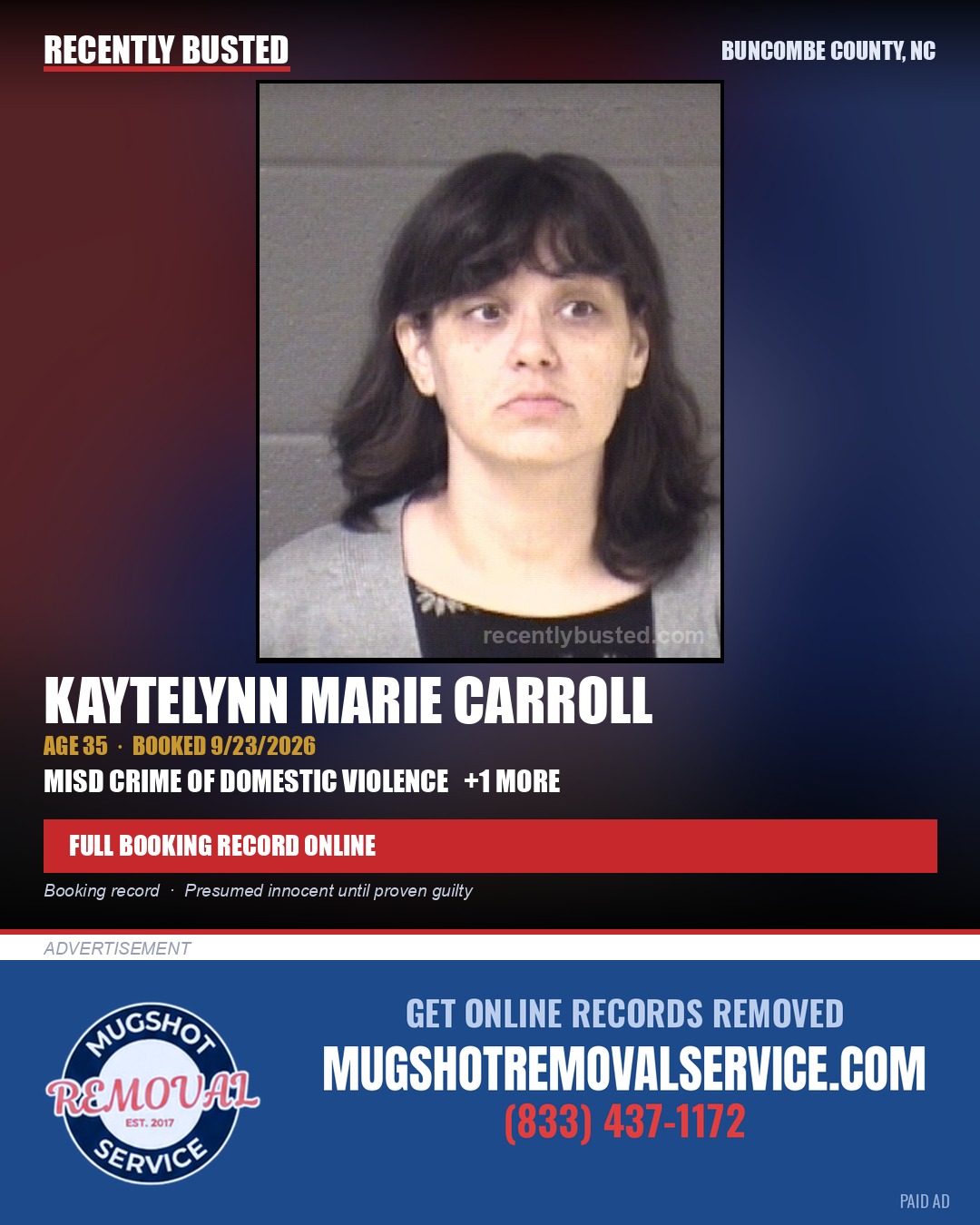 KAYTELYNN MARIE CARROLL — arrest record card, Buncombe County, North Carolina