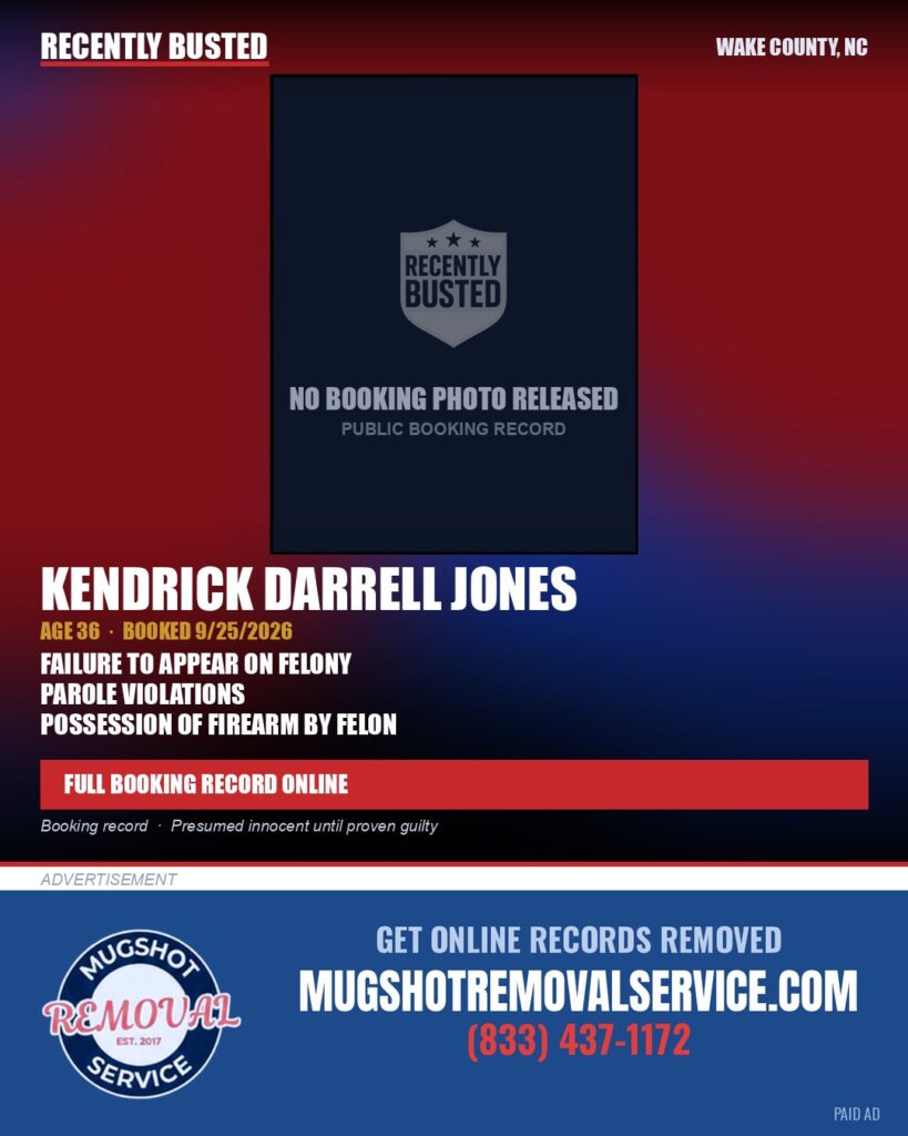 KENDRICK DARRELL JONES — arrest record card, Wake County, North Carolina