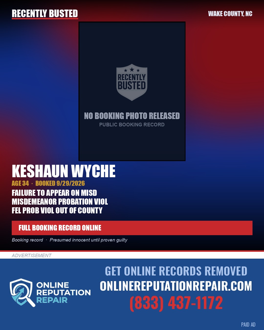 KESHAUN WYCHE — arrest record card, Wake County, North Carolina