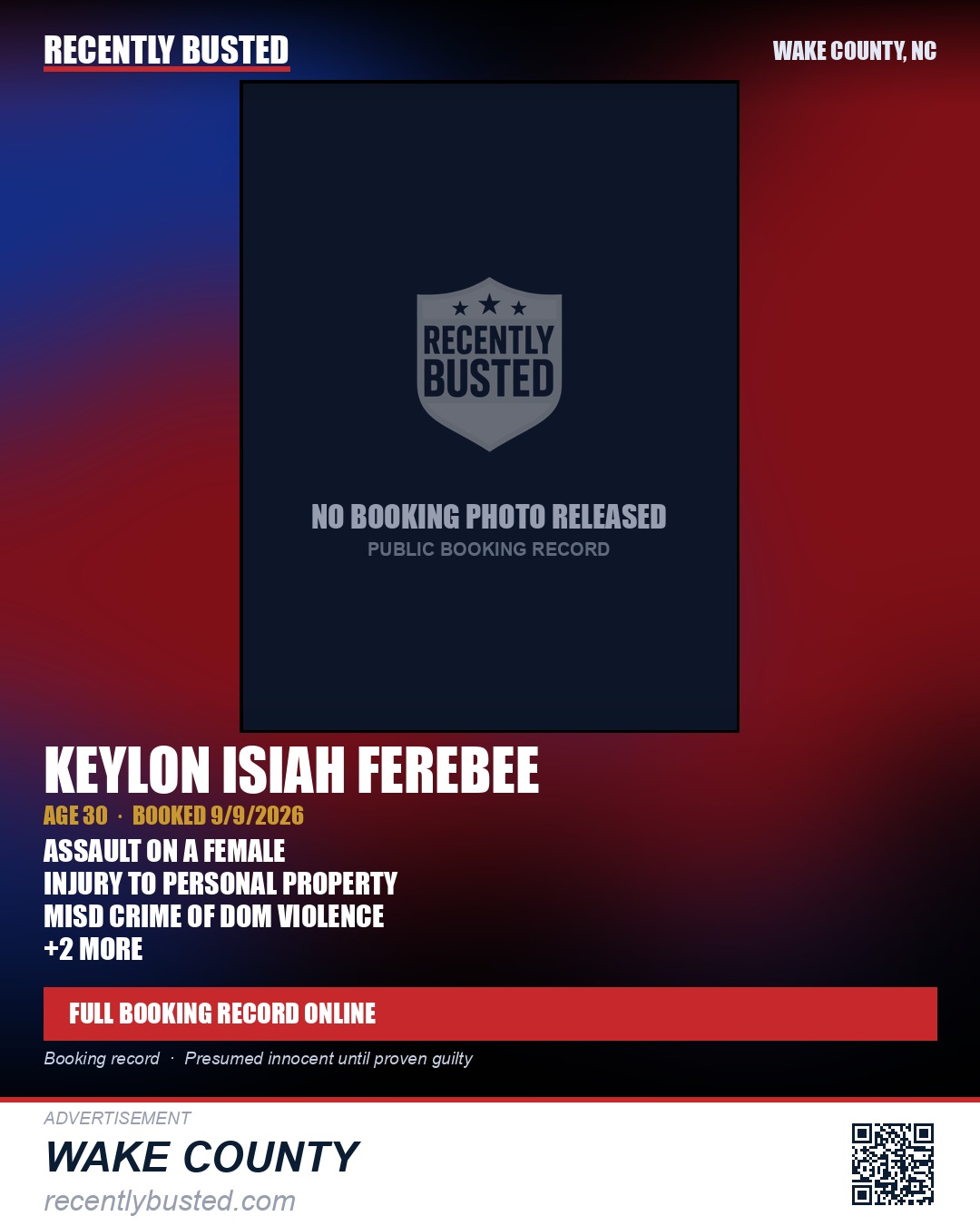 KEYLON ISIAH FEREBEE — arrest record card, Wake County, North Carolina