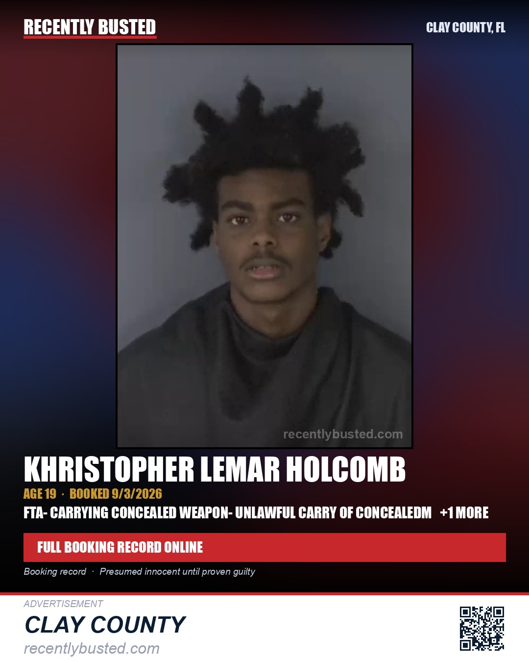 KHRISTOPHER LEMAR HOLCOMB — arrest record card, Clay County, Florida