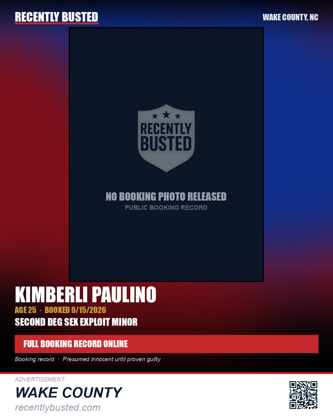 KIMBERLI PAULINO — arrest record card, Wake County, North Carolina