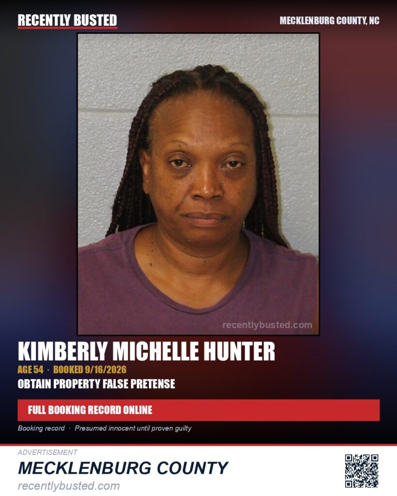 KIMBERLY MICHELLE HUNTER — arrest record card, Mecklenburg County, North Carolina
