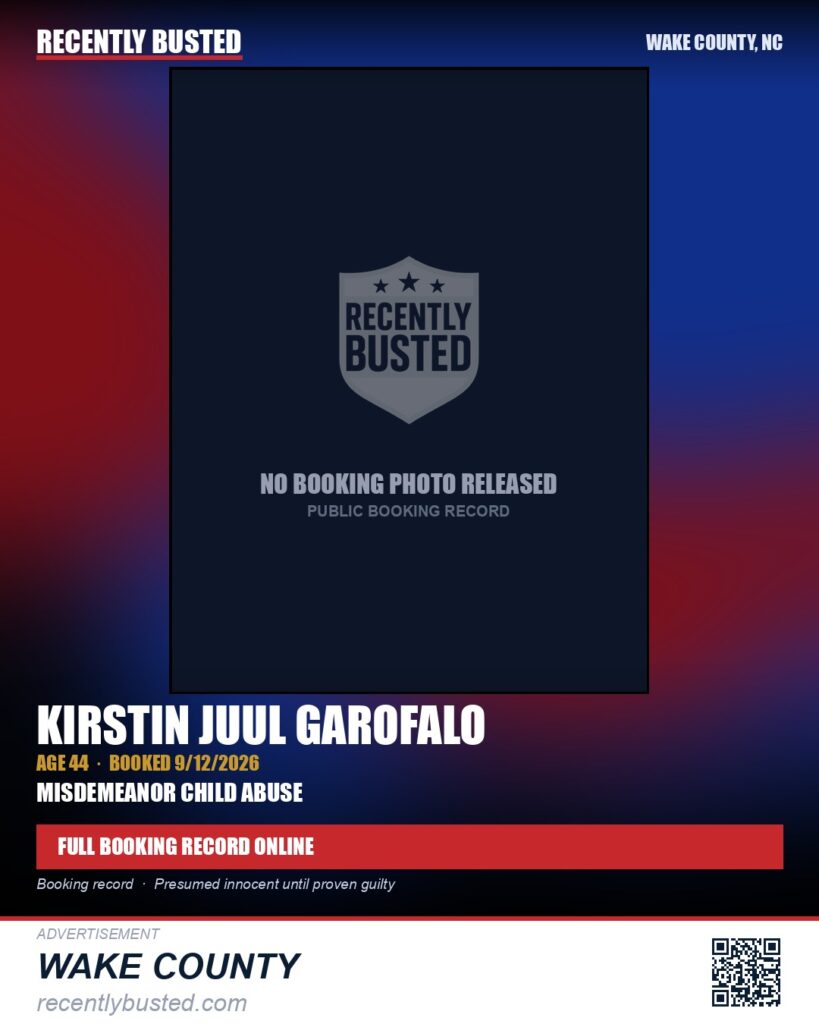 KIRSTIN JUUL GAROFALO — arrest record card, Wake County, North Carolina