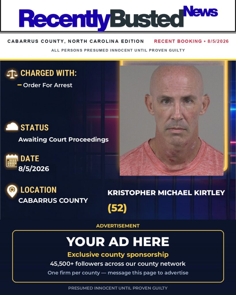 KRISTOPHER MICHAEL KIRTLEY — arrest record card, Cabarrus County