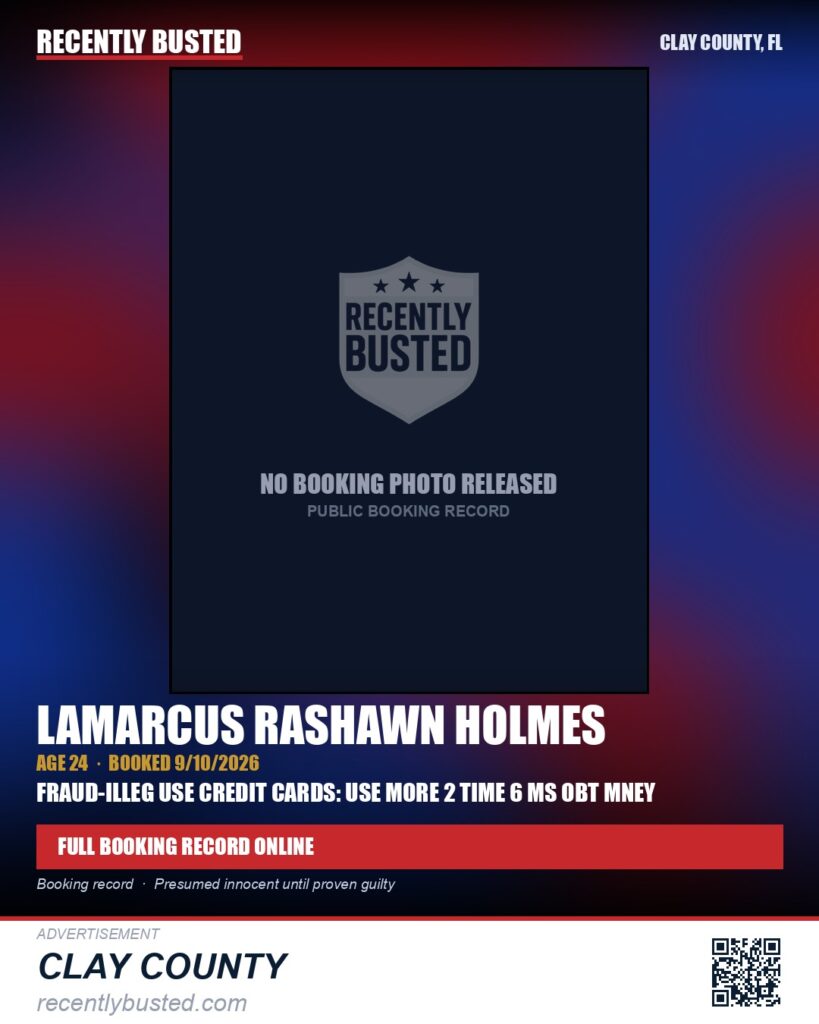 LAMARCUS RASHAWN HOLMES — arrest record card, Clay County, Florida