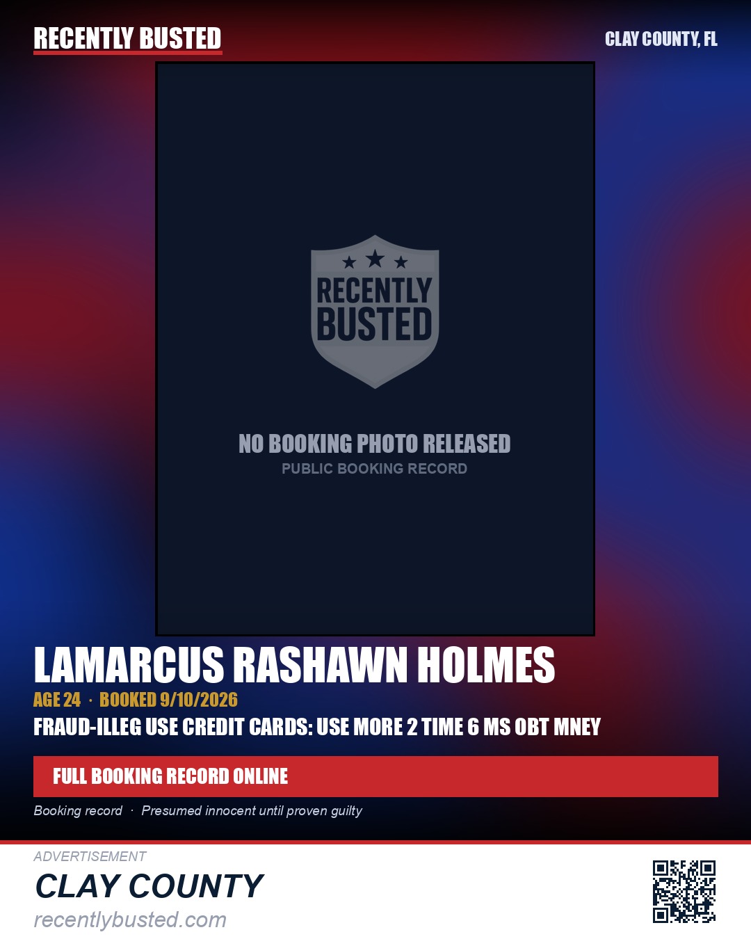 LAMARCUS RASHAWN HOLMES — arrest record card, Clay County, Florida