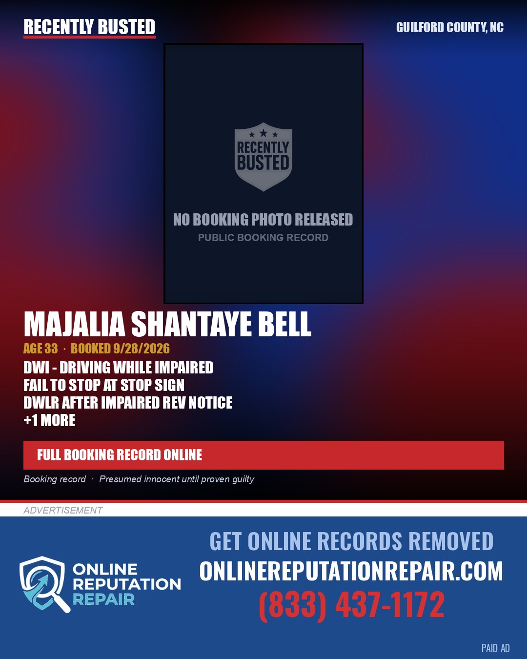 MAJALIA SHANTAYE BELL — arrest record card, Guilford County, North Carolina