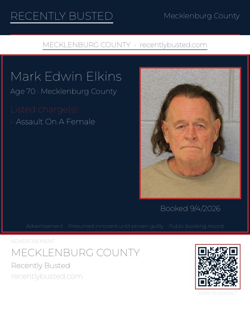 MARK EDWIN ELKINS — arrest record card, Mecklenburg County, North Carolina