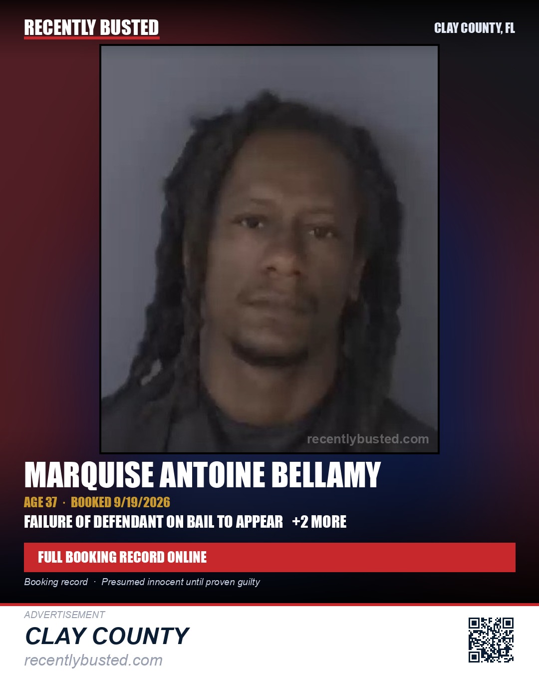 MARQUISE ANTOINE BELLAMY — arrest record card, Clay County, Florida