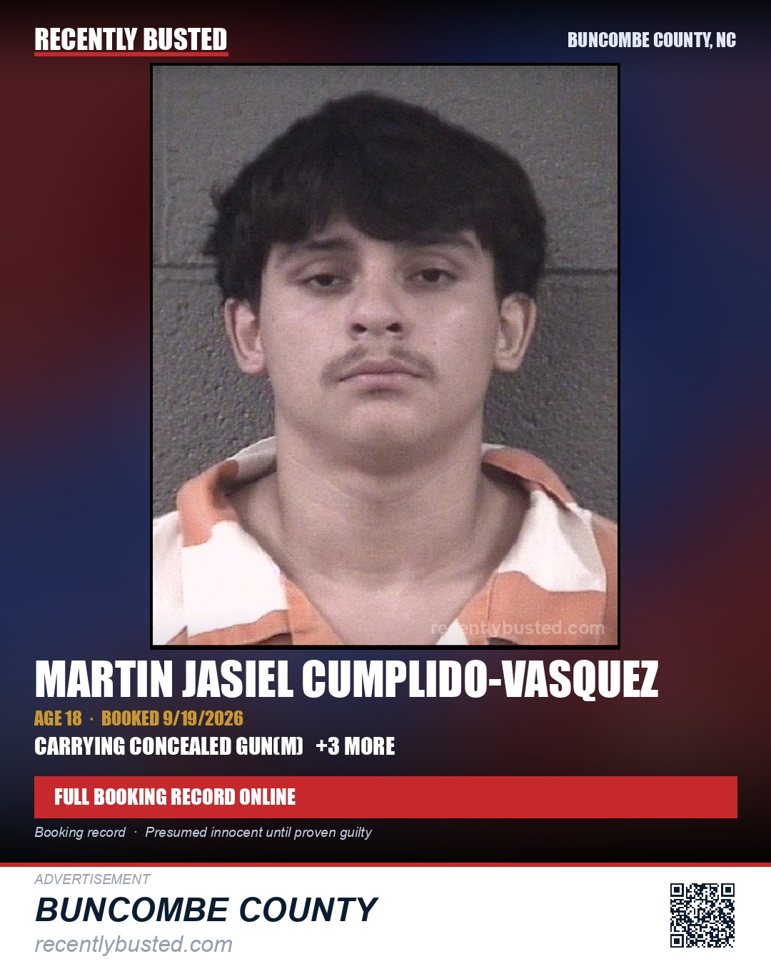 MARTIN JASIEL CUMPLIDO-VASQUEZ — arrest record card, Buncombe County, North Carolina