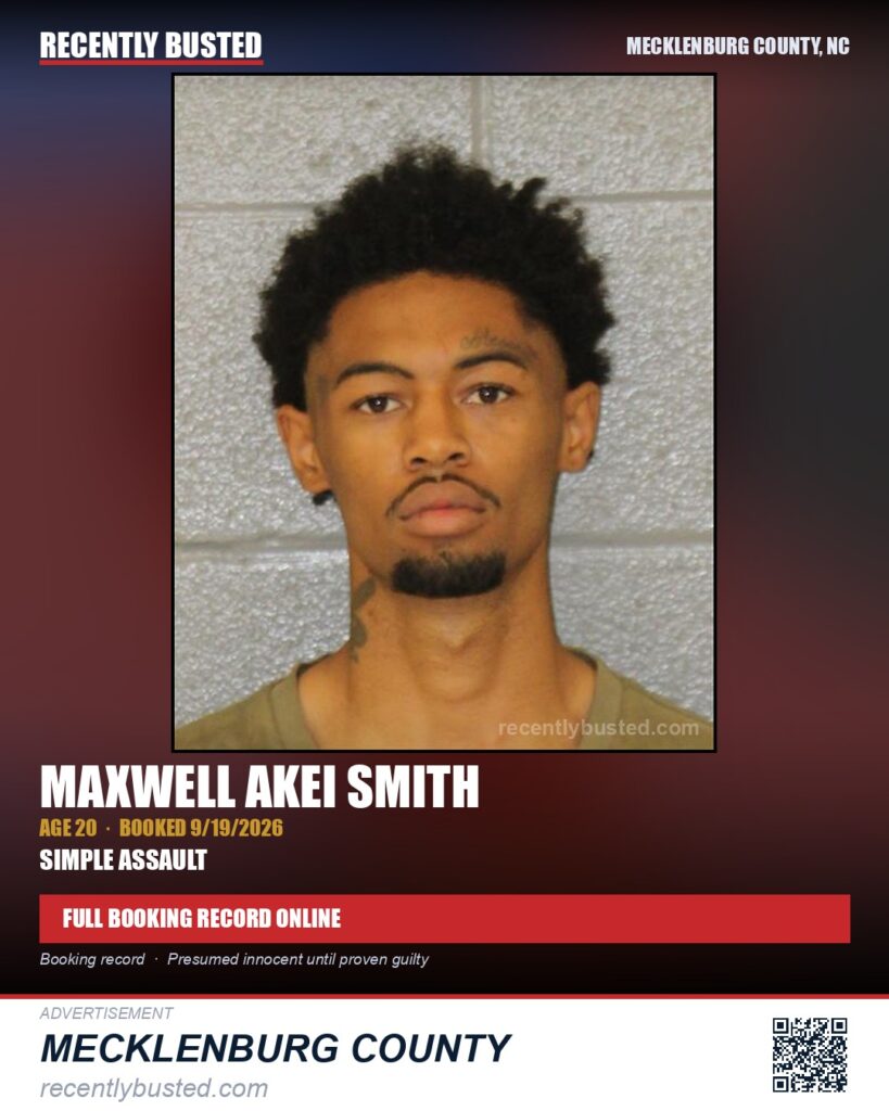 MAXWELL AKEI SMITH — arrest record card, Mecklenburg County, North Carolina