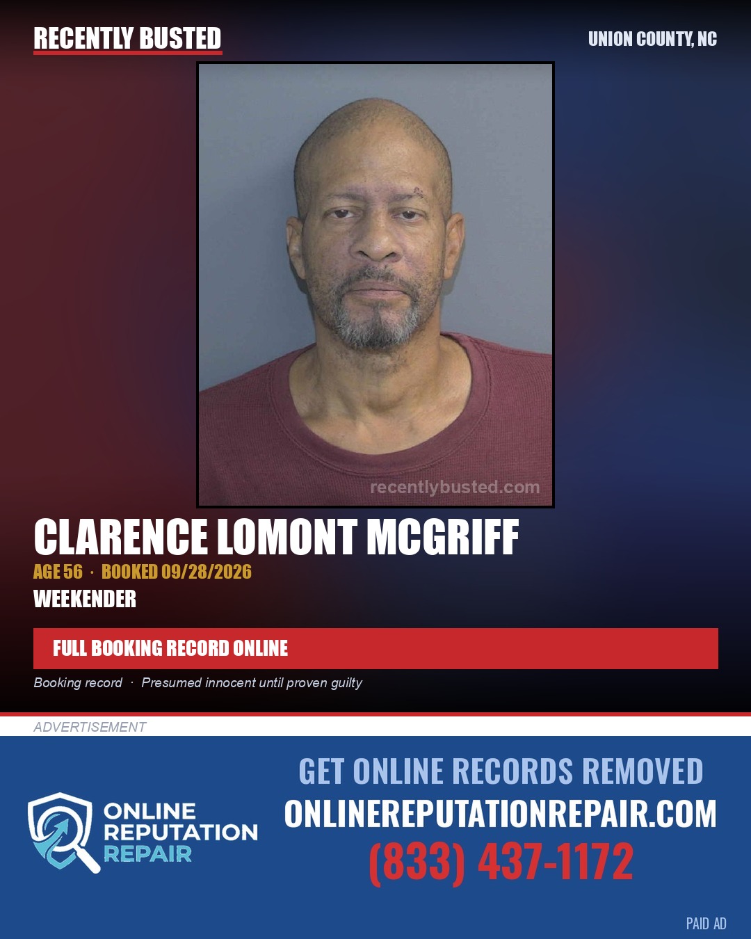 MCGRIFF, CLARENCE LOMONT — arrest record card, Union County, North Carolina