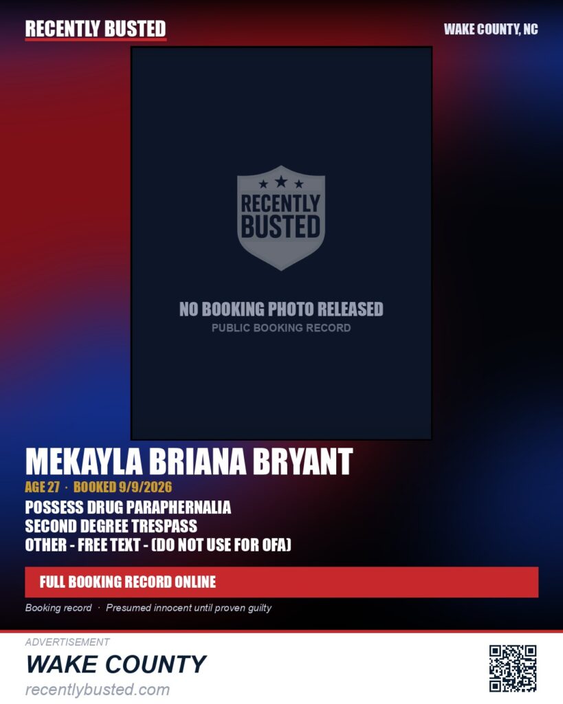 MEKAYLA BRIANA BRYANT — arrest record card, Wake County, North Carolina
