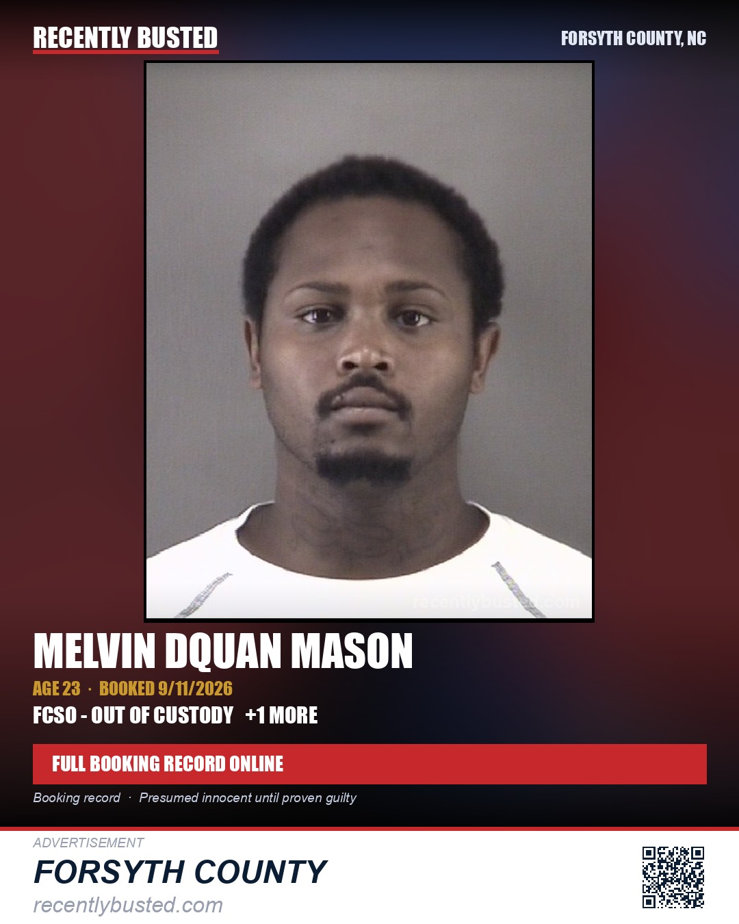 MELVIN DQUAN MASON — arrest record card, Forsyth County, North Carolina