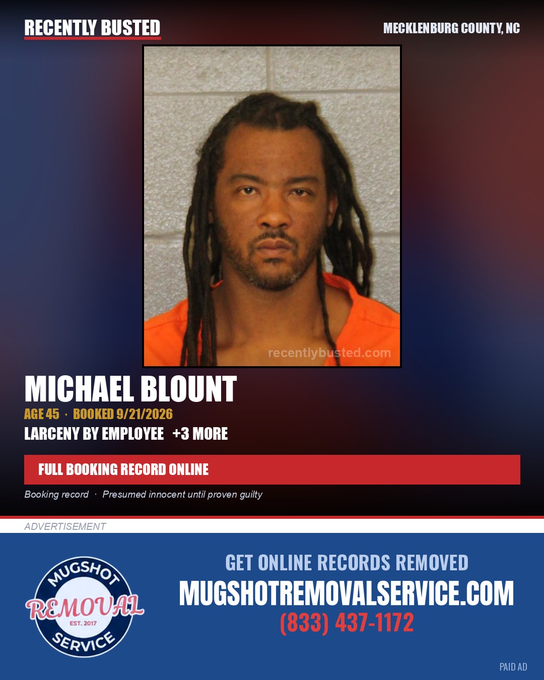 MICHAEL BLOUNT — arrest record card, Mecklenburg County, North Carolina