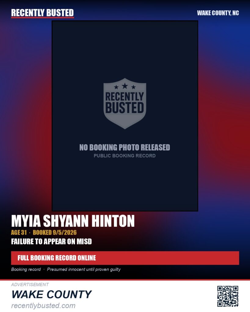 MYIA SHYANN HINTON — arrest record card, Wake County, North Carolina