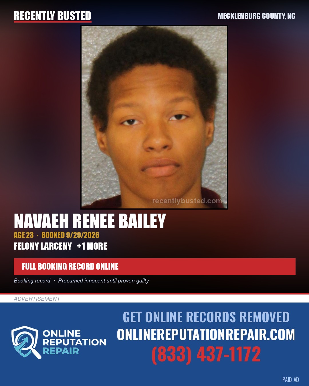 NAVAEH RENEE BAILEY — arrest record card, Mecklenburg County, North Carolina