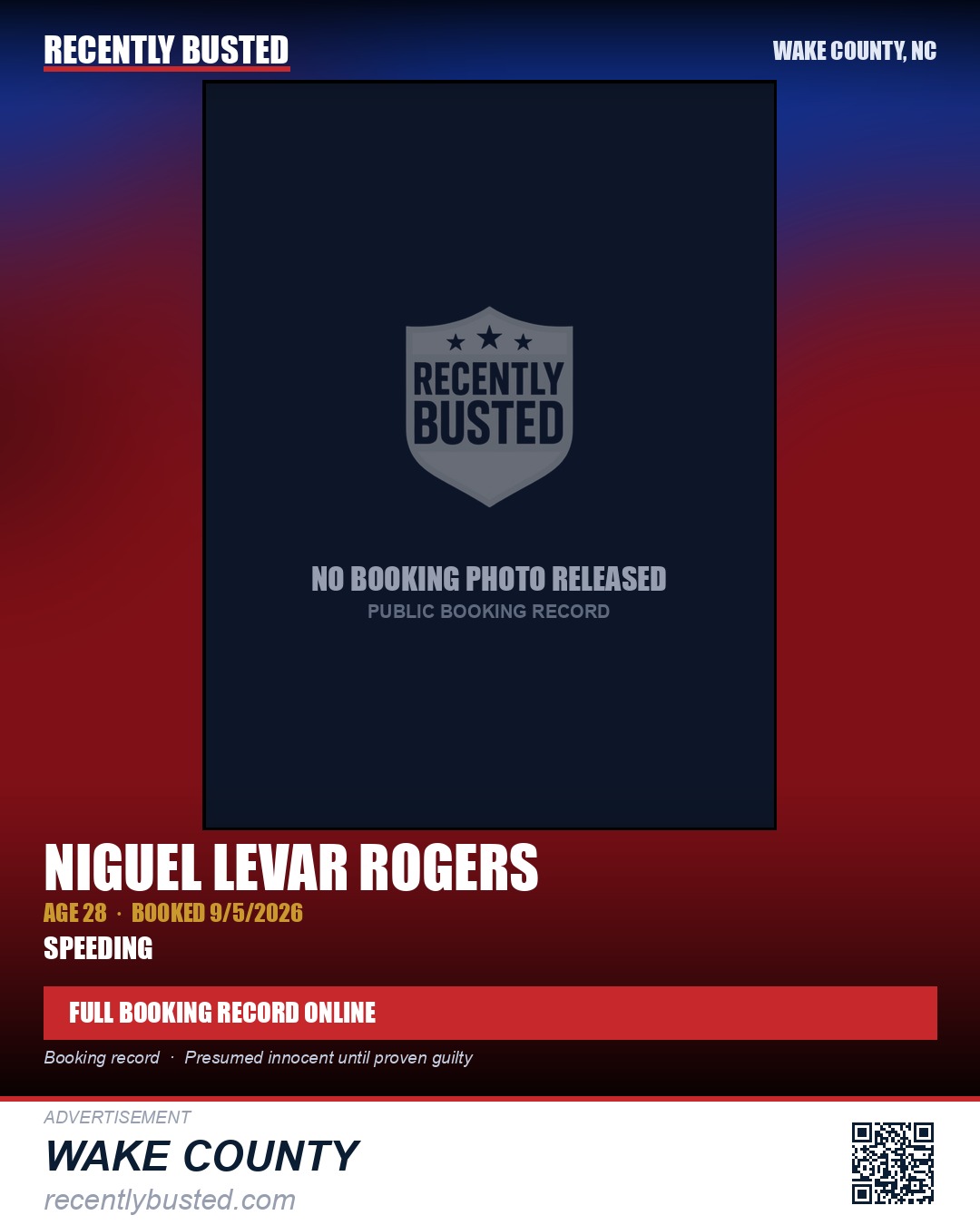 NIGUEL LEVAR ROGERS — arrest record card, Wake County, North Carolina