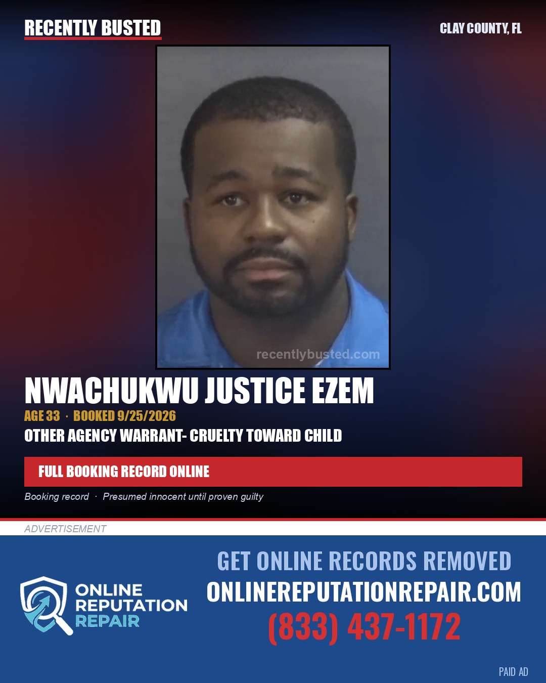 NWACHUKWU JUSTICE EZEM — arrest record card, Clay County, Florida
