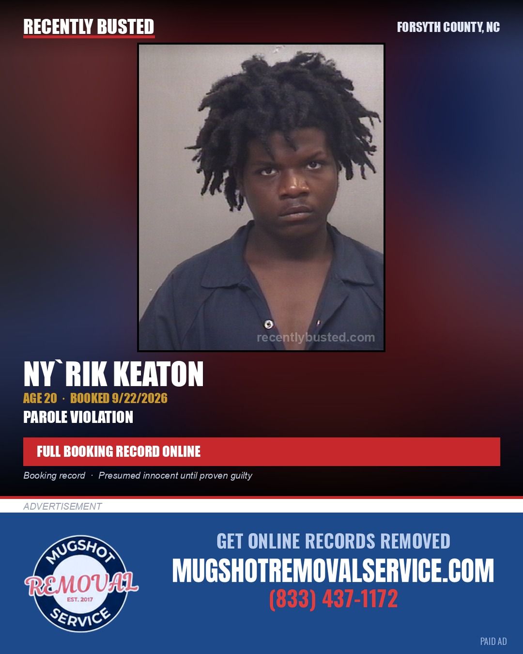 NY`RIK KEATON — arrest record card, Forsyth County, North Carolina