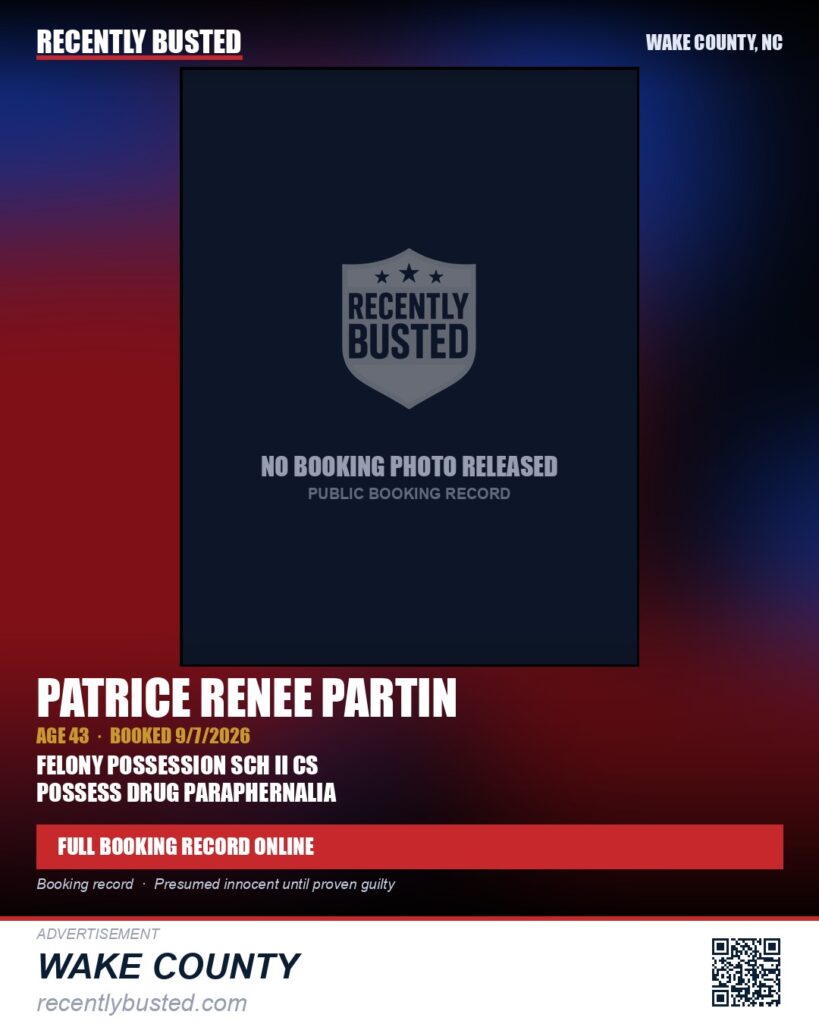 PATRICE RENEE PARTIN — arrest record card, Wake County, North Carolina