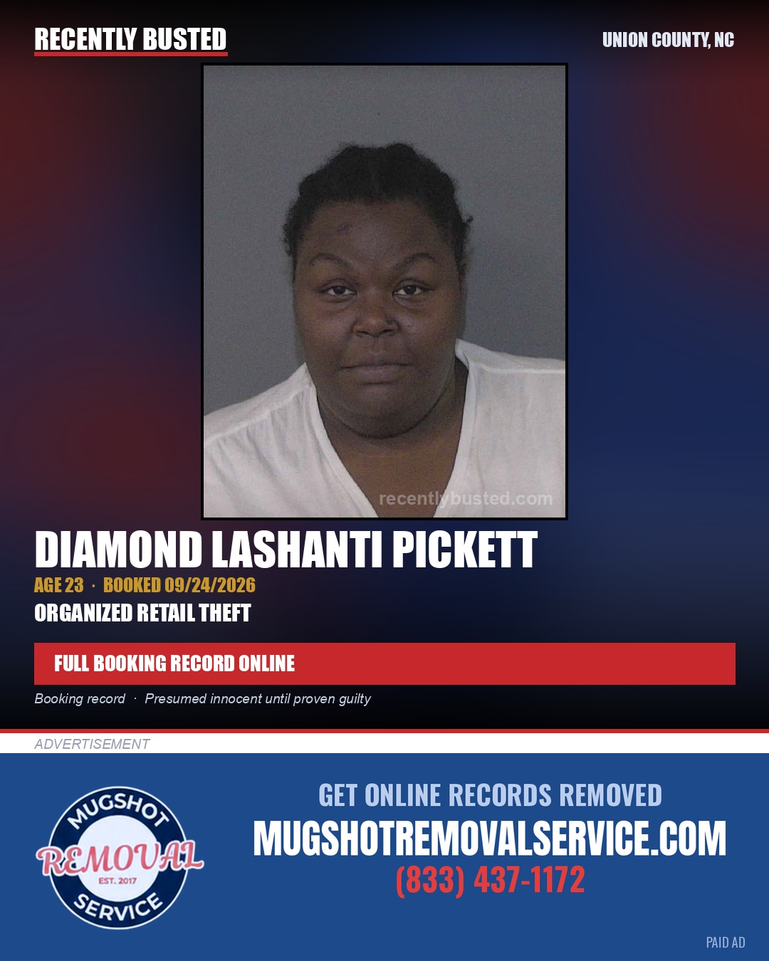 PICKETT, DIAMOND LASHANTI — arrest record card, Union County, North Carolina