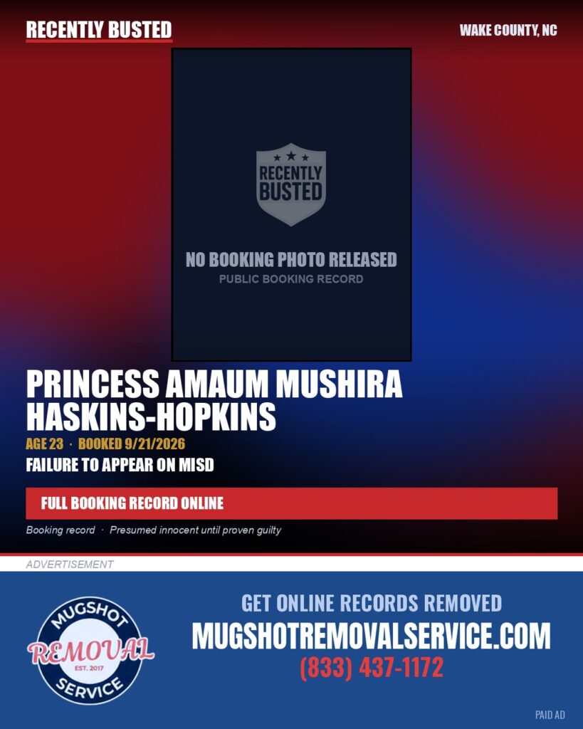 PRINCESS AMAUM MUSHIRA HASKINS-HOPKINS — arrest record card, Wake County, North Carolina