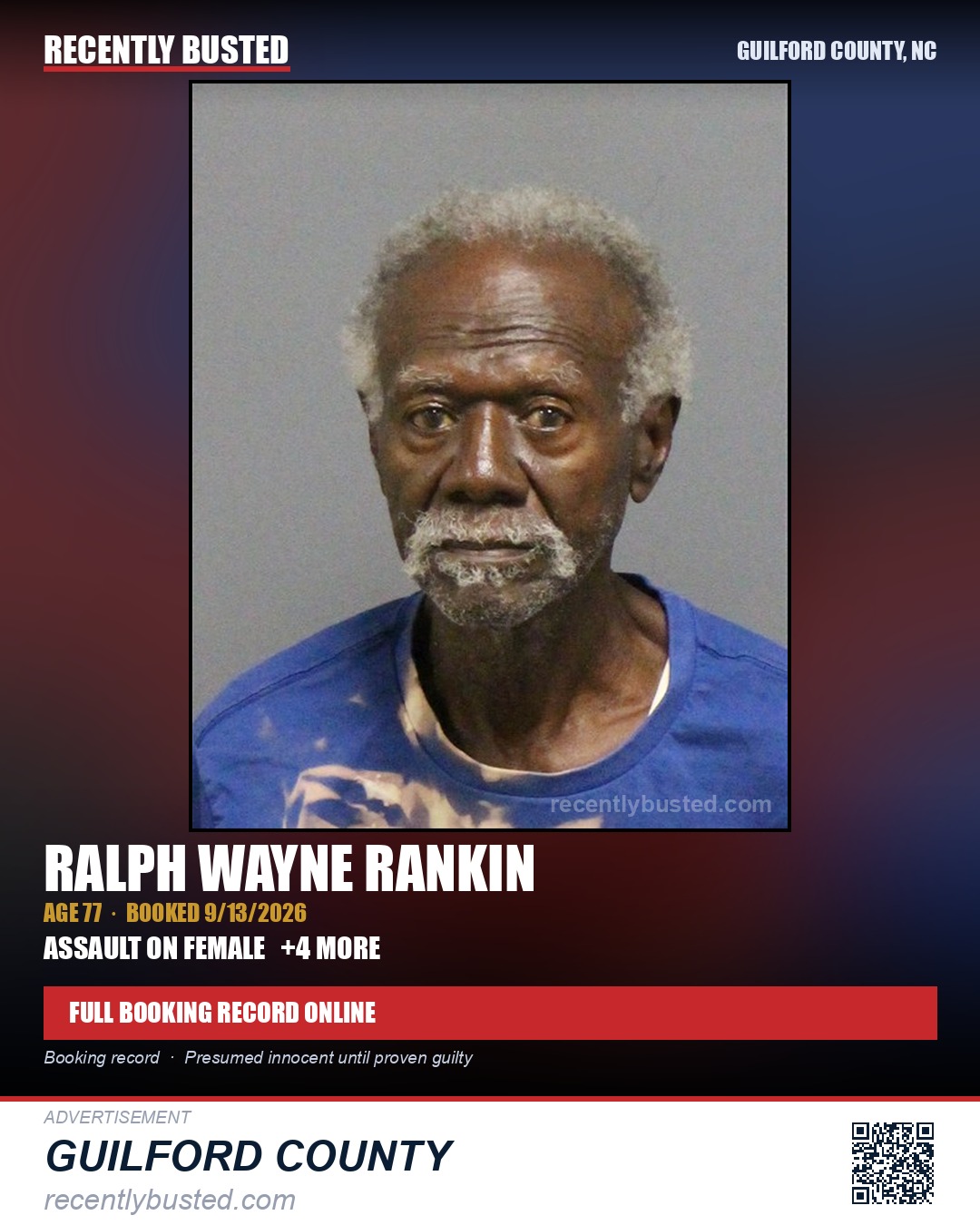 RALPH WAYNE RANKIN — arrest record card, Guilford County, North Carolina
