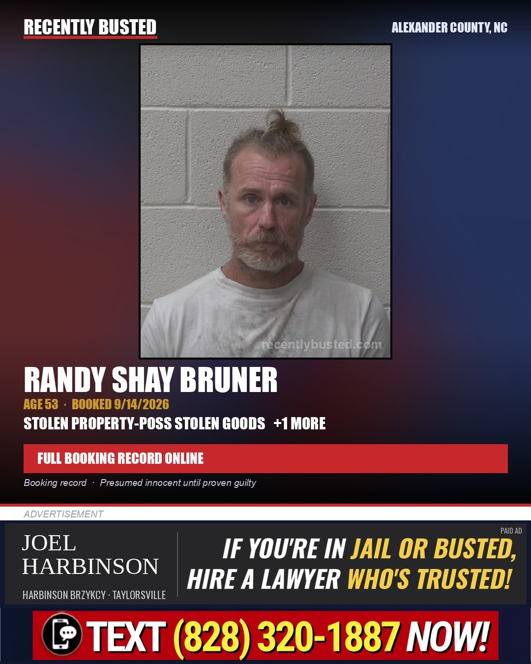 RANDY SHAY BRUNER — arrest record card, Alexander County, North Carolina