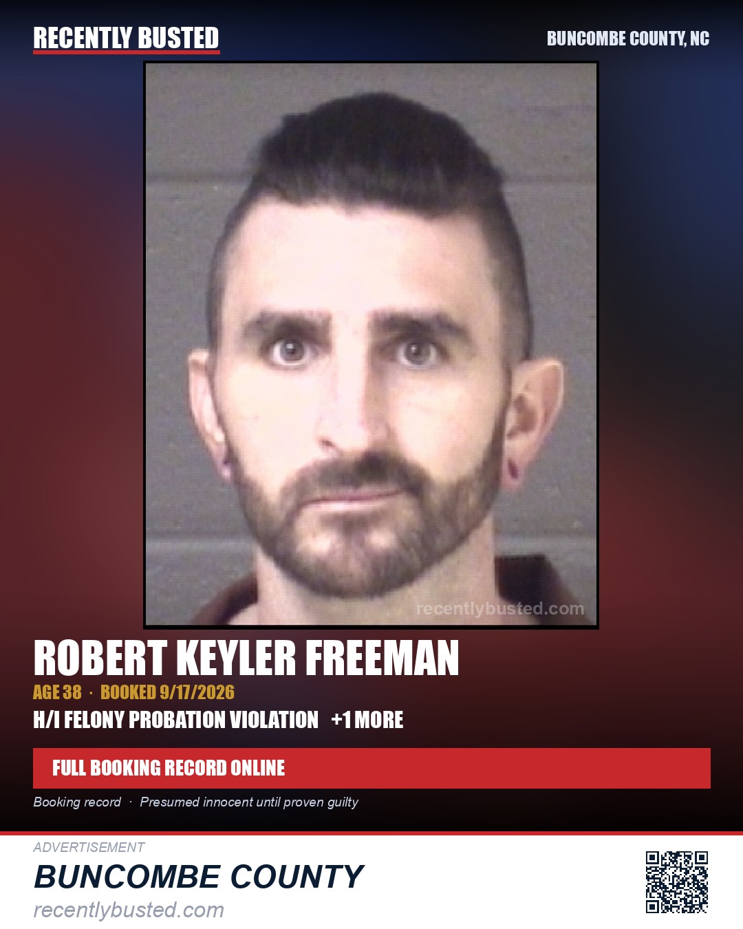 ROBERT KEYLER FREEMAN — arrest record card, Buncombe County, North Carolina