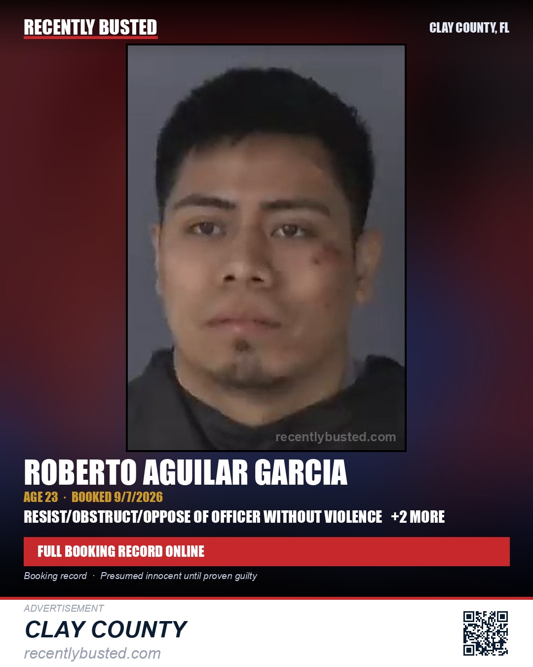 ROBERTO AGUILAR GARCIA — arrest record card, Clay County, Florida