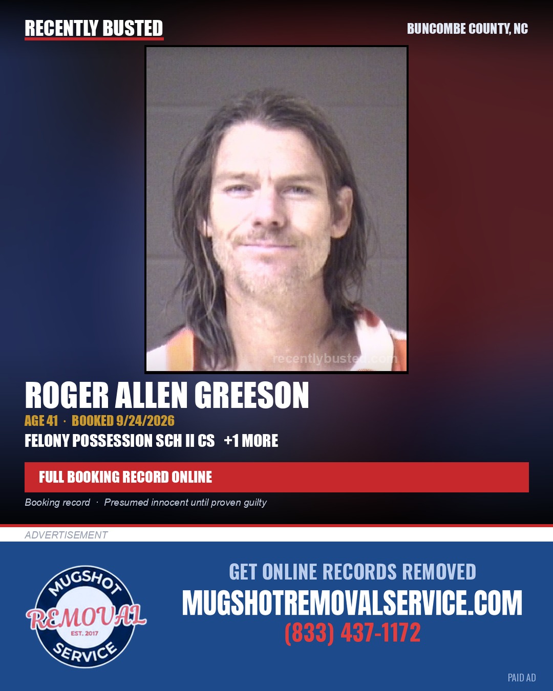 ROGER ALLEN GREESON — arrest record card, Buncombe County, North Carolina