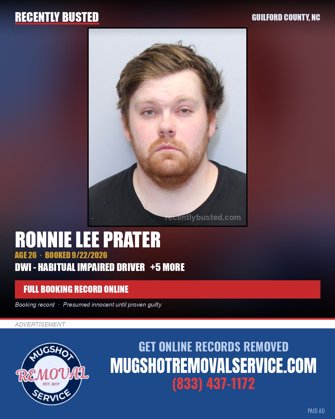 RONNIE LEE PRATER — arrest record card, Guilford County, North Carolina
