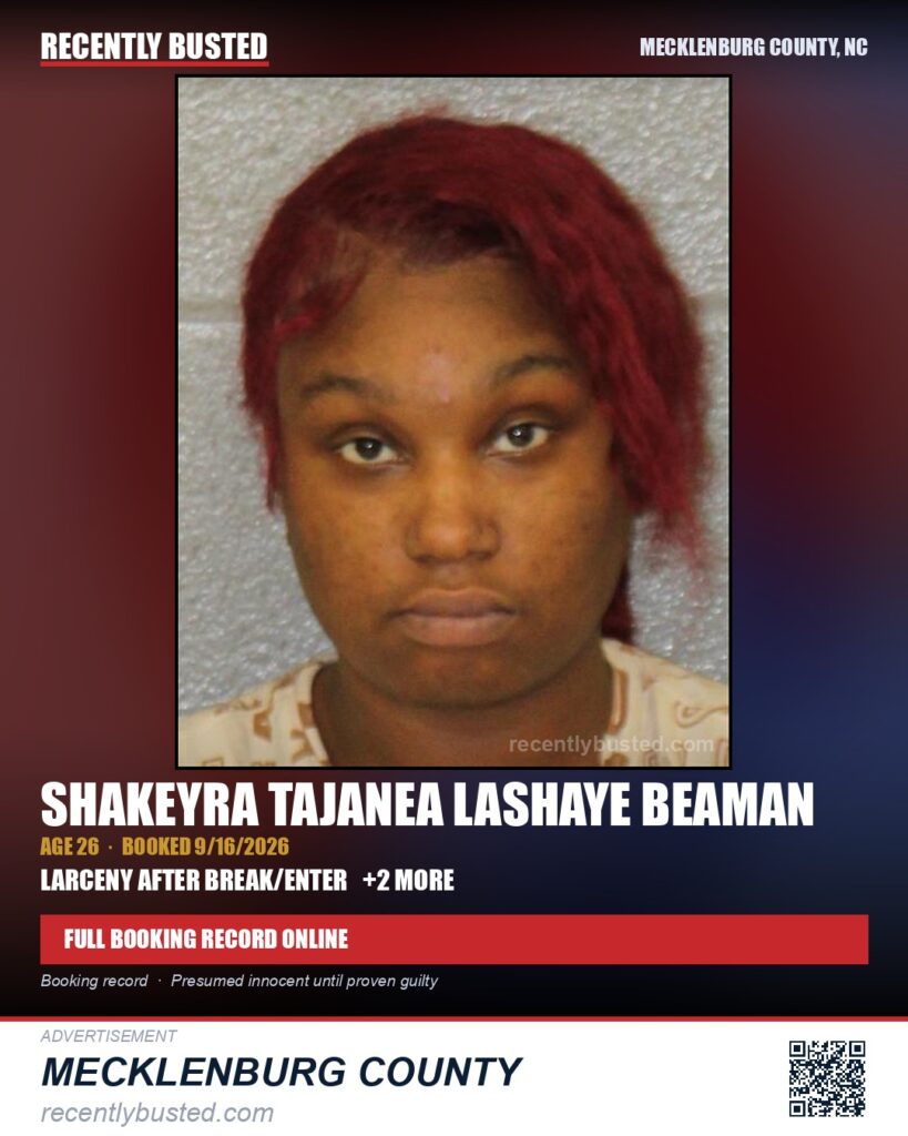 SHAKEYRA TAJANEA LASHAYE BEAMAN — arrest record card, Mecklenburg County, North Carolina