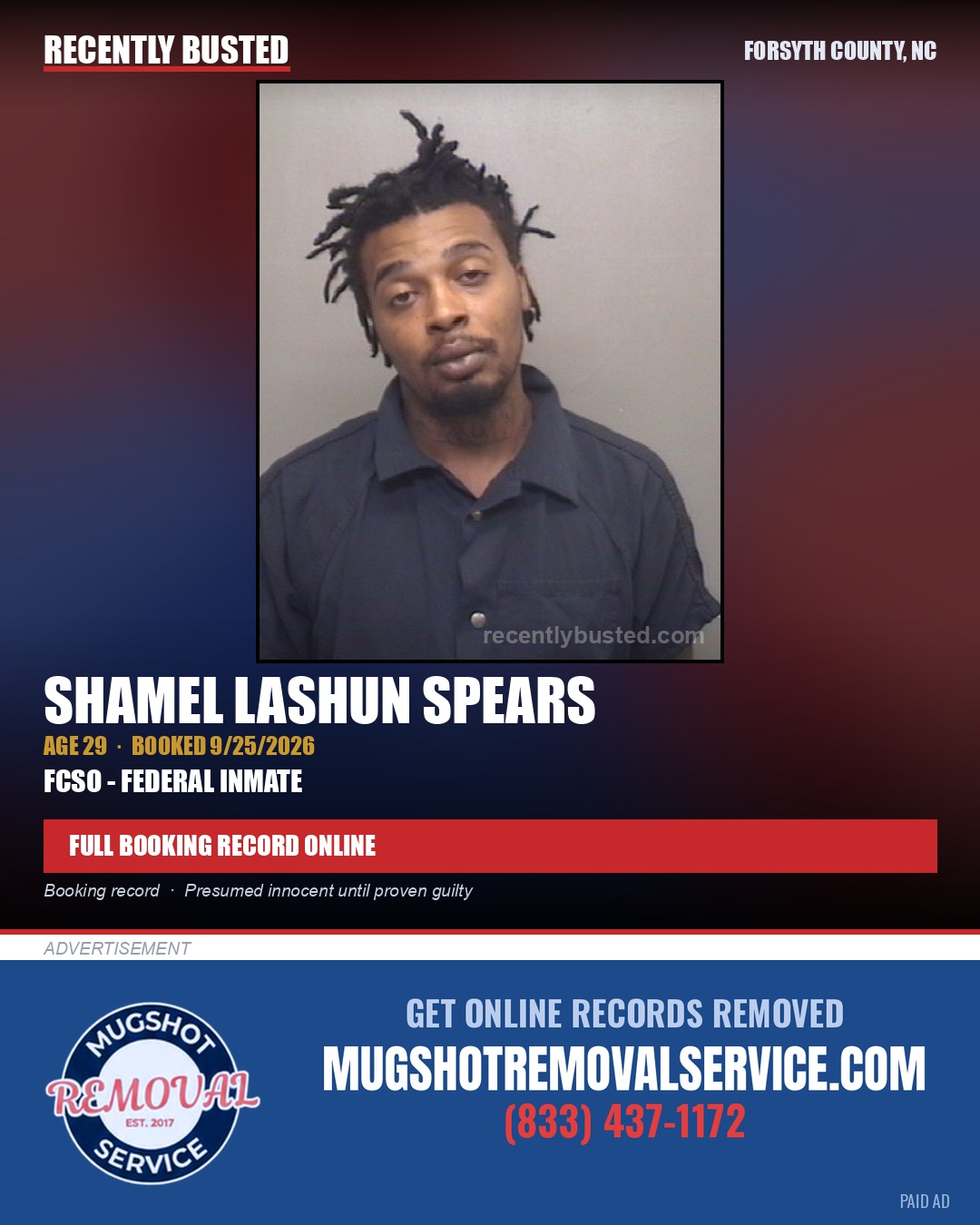 SHAMEL LASHUN SPEARS — arrest record card, Forsyth County, North Carolina