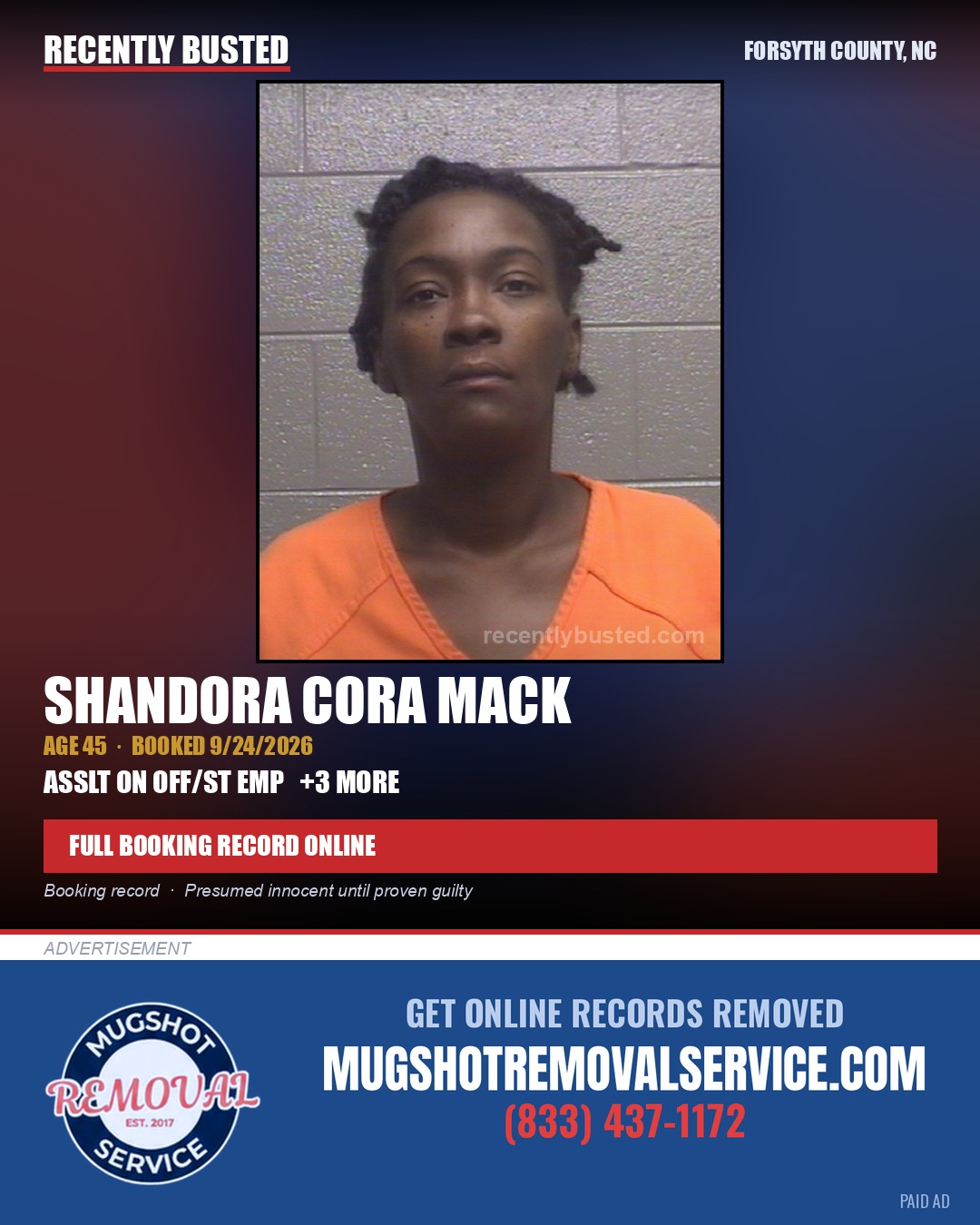 SHANDORA CORA MACK — arrest record card, Forsyth County, North Carolina