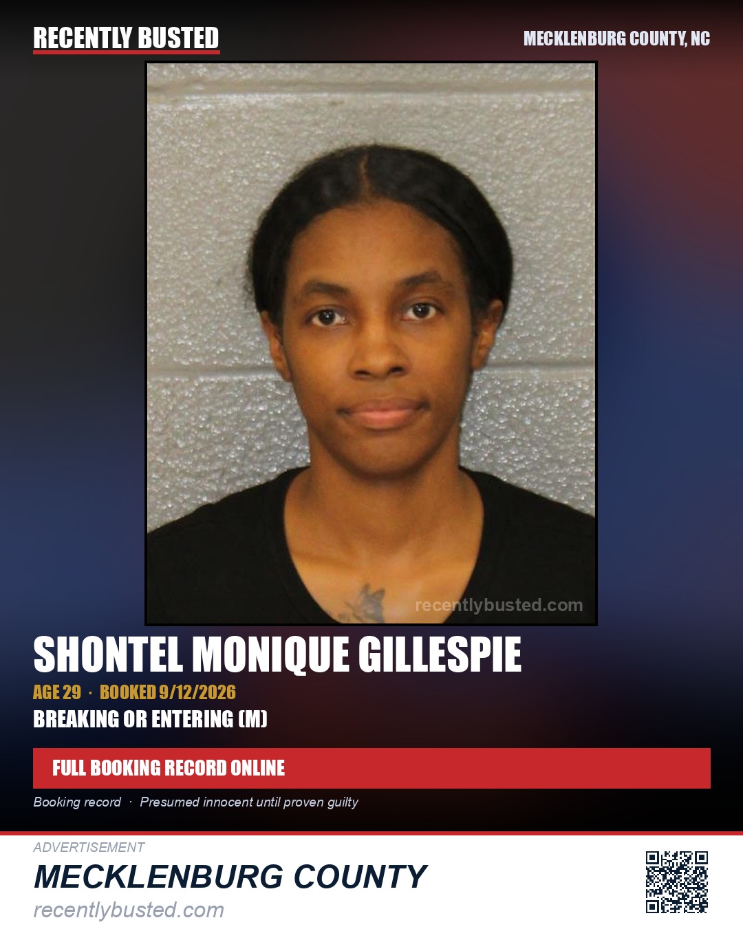 SHONTEL MONIQUE GILLESPIE — arrest record card, Mecklenburg County, North Carolina