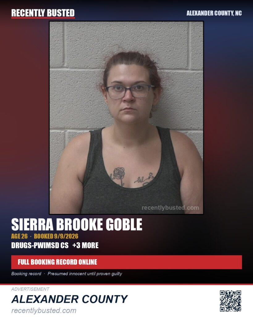 SIERRA BROOKE GOBLE — arrest record card, Alexander County, North Carolina