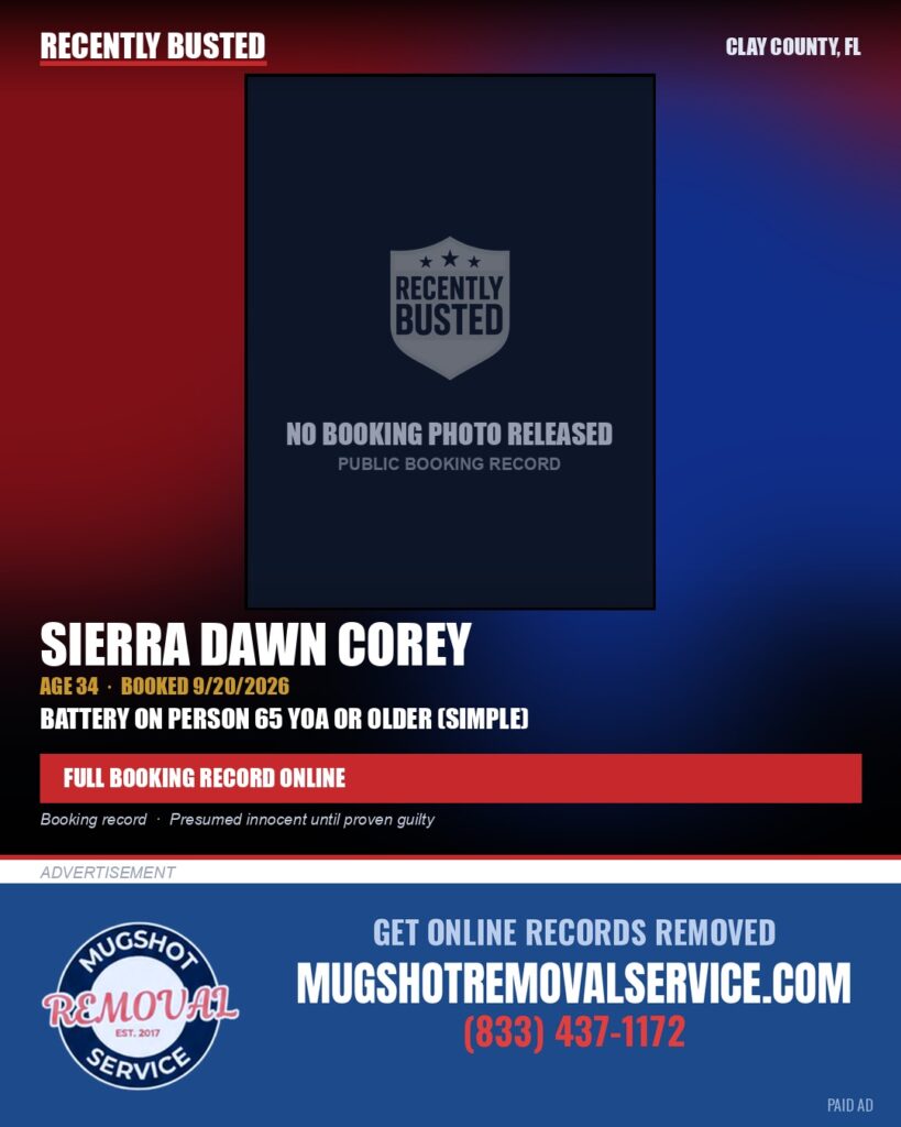 SIERRA DAWN COREY — arrest record card, Clay County, Florida