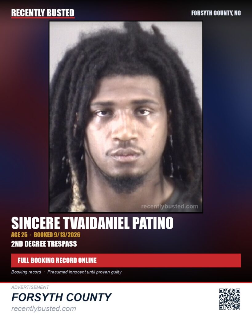 SINCERE TVAIDANIEL PATINO — arrest record card, Forsyth County, North Carolina