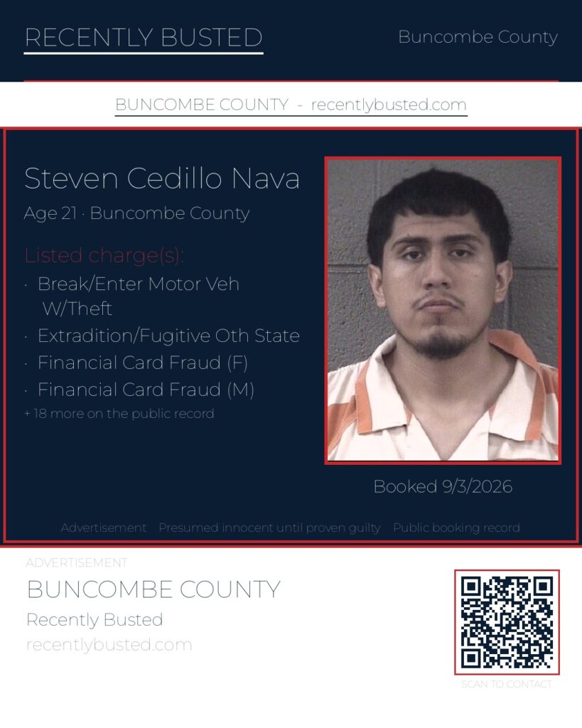 STEVEN CEDILLO NAVA — arrest record card, Buncombe County, North Carolina