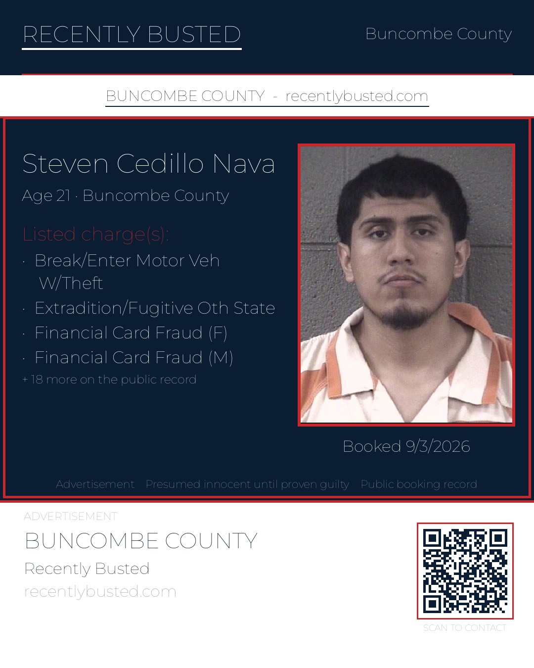 STEVEN CEDILLO NAVA — arrest record card, Buncombe County, North Carolina