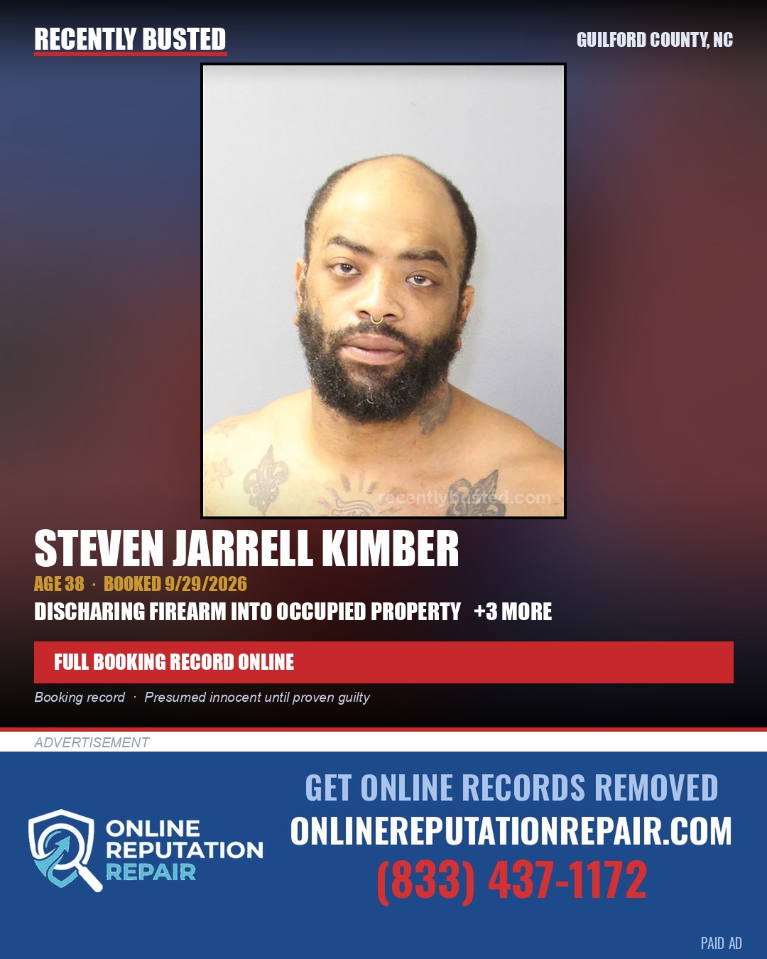 STEVEN JARRELL KIMBER — arrest record card, Guilford County, North Carolina