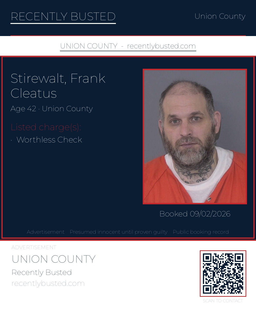 STIREWALT, FRANK CLEATUS — arrest record card, Union County, North Carolina