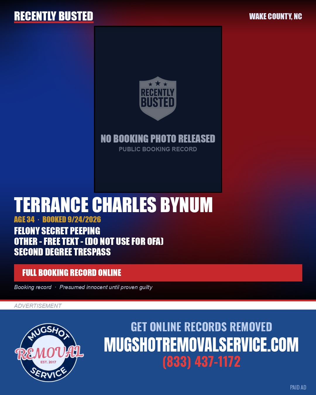 TERRANCE CHARLES BYNUM — arrest record card, Wake County, North Carolina
