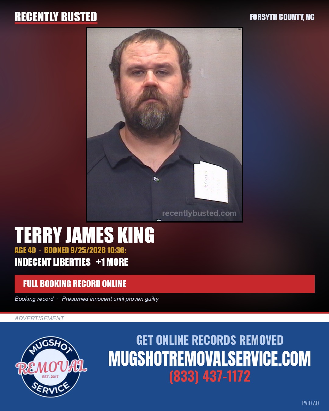 TERRY JAMES KING — arrest record card, Forsyth County, North Carolina